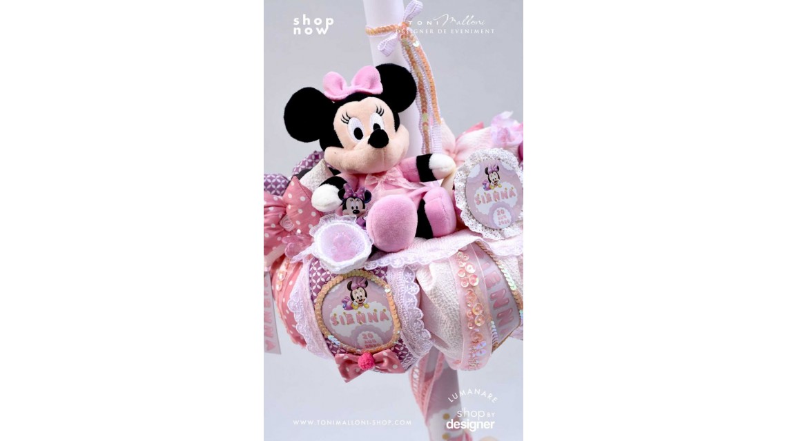 Lumanare cu Minnie Mouse Racer personalizata cu paiete roz si lila 4